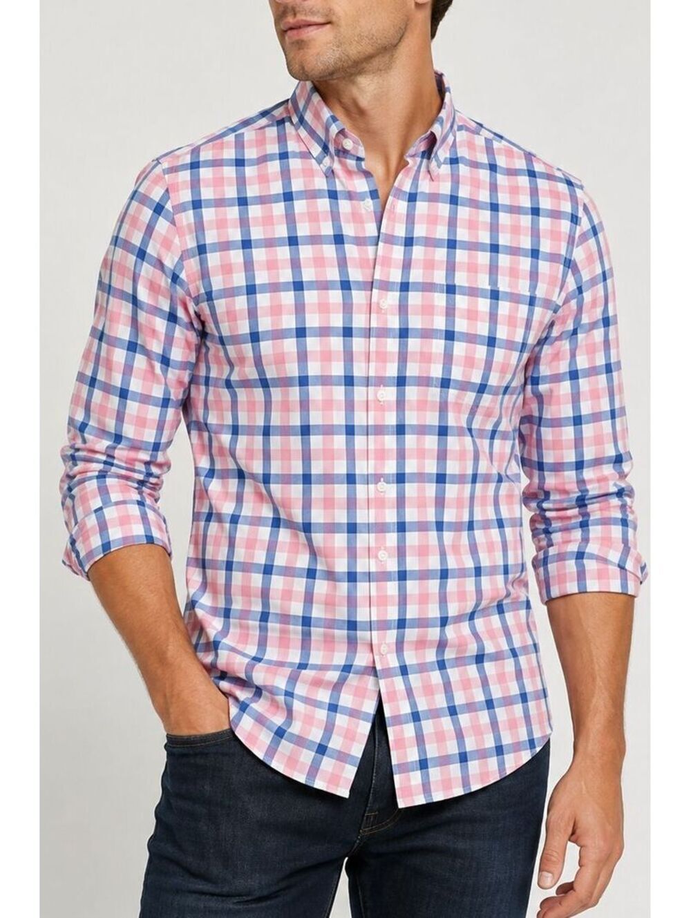 J.Crew BI050 Flex Washed Slim Fit Pink Blue Plaid Button Down Shirt Men's M